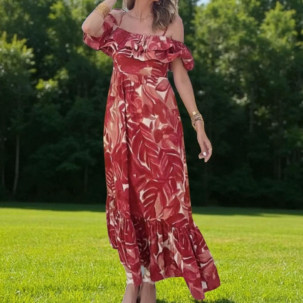 Zara Off-Shoulder Red and Cream Maxi Dress